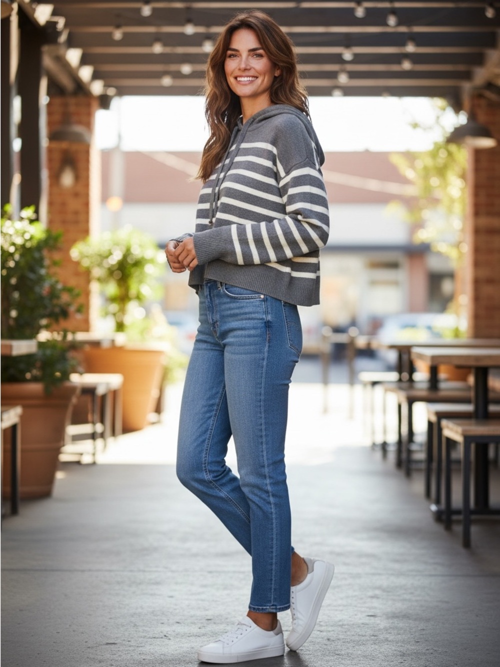 Vici Gray & White Striped Hooded Sweater